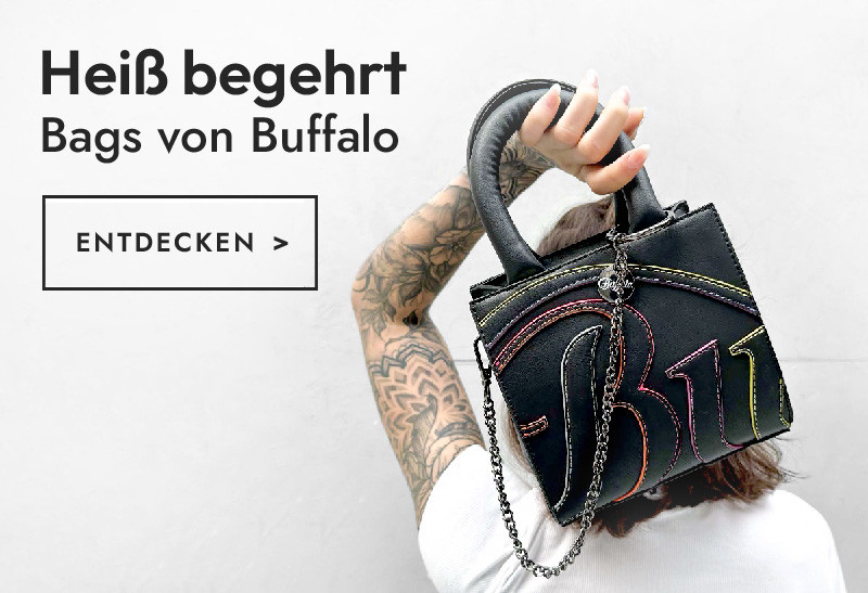 Trendige Taschen mit Regenbogen-Effekt und Kussmund von Buffalo, dem Kulthersteller der mit Plateau-Sneakern. Weltbekannt wurde