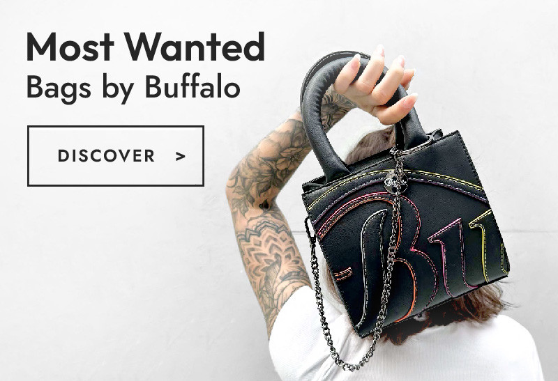 Trendy bags with a rainbow effect and kissing-lips by Buffalo, the cult manufacturer which became world famous with their special platform-sneakers